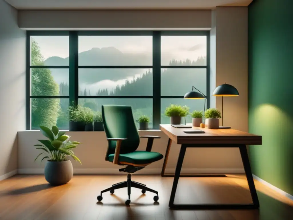 Un espacio de oficina minimalista con vistas a un jardín verde y relajante, con un escritorio ordenado y una planta, bañado en luz natural suave