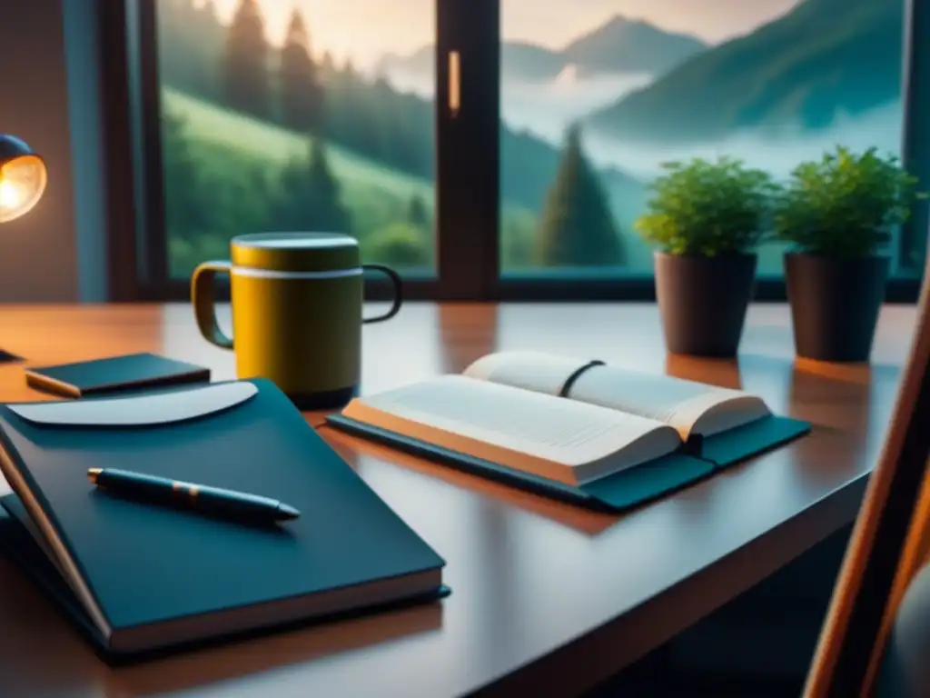 Oficina moderna con vista a bosque: inspiración y tranquilidad Un espacio de oficina sereno y moderno con vista a un bosque verde exuberante, ideal para la productividad creativa y mindfulness