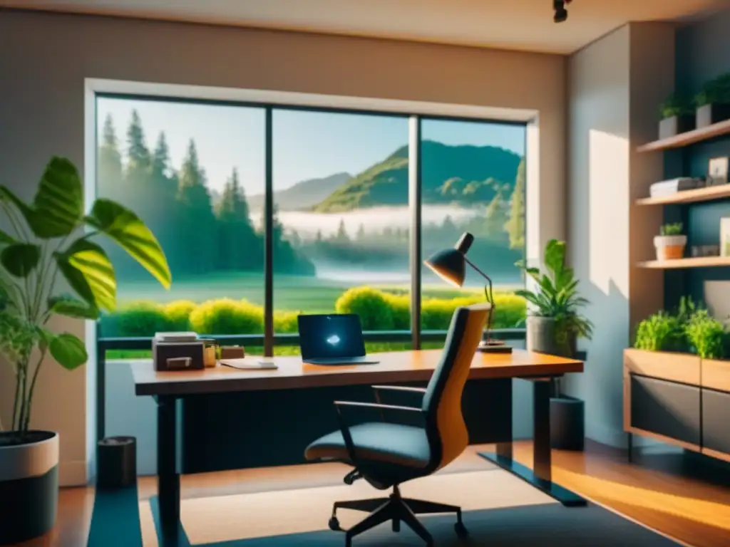 Oficina zen con vistas a paisaje verde relajante Un espacio de oficina sereno con vista a un paisaje verde, amueblado con escritorio moderno y aplicación de mindfulness