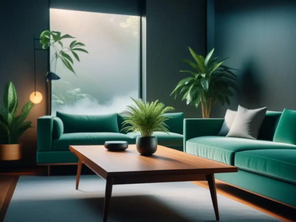 Sala minimalista: sofá elegante, mesa baja y plantas Espacio organizado con muebles Feng Shui para una energía armoniosa