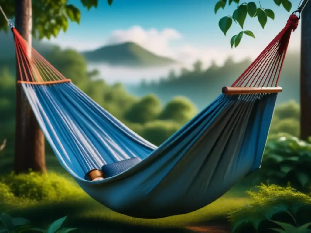 Refugio sereno: hamaca entre árboles verdes Espacio de relajación al aire libre con hamaca entre árboles, rodeado de vegetación exuberante y cielo azul