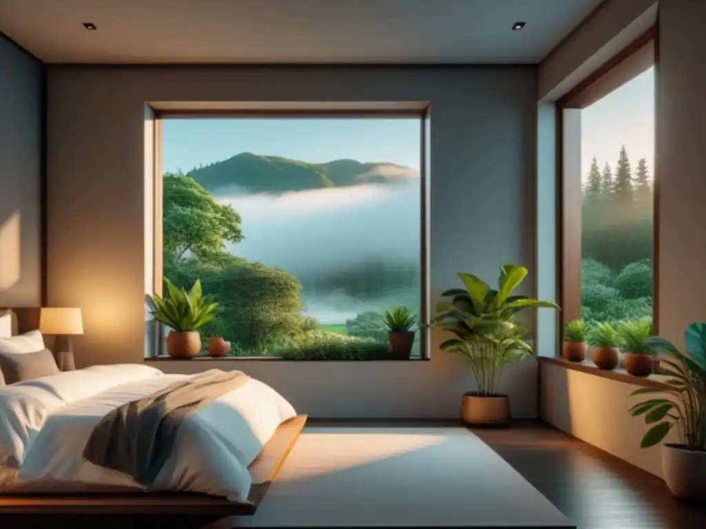Acogedora habitación minimalista con vistas al jardín Espacio relajante en casa: Dormitorio sereno con tonos neutros, cama acogedora, planta en mesa y ventana con vista al jardín