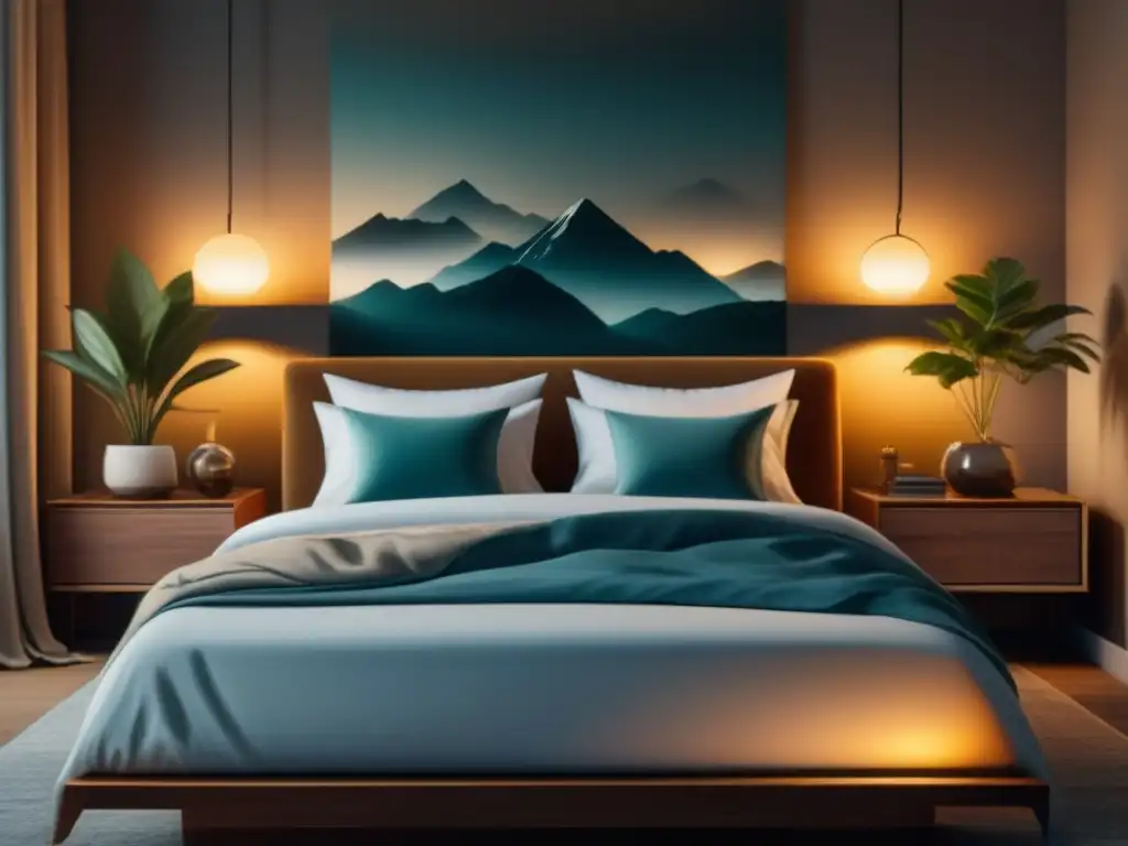 Tranquilidad en casa: dormitorio minimalista con iluminación inteligente Espacio relajante en casa con luces inteligentes para relajación, cama hecha y decoración minimalista