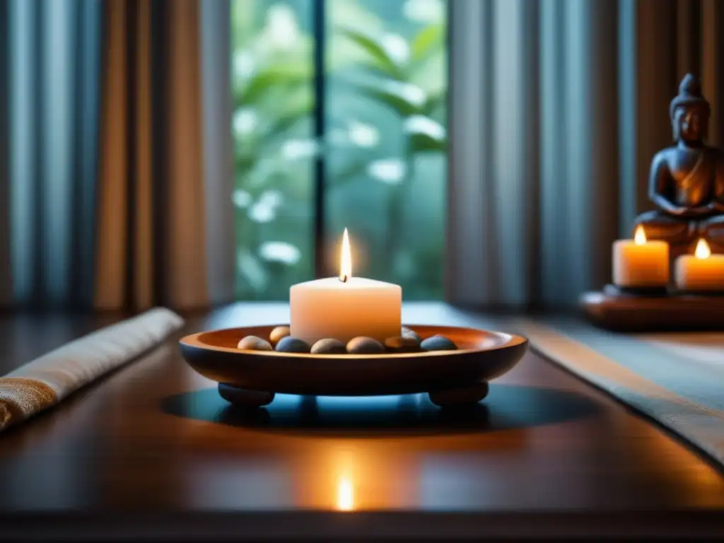 Altar sereno para práctica de Reiki en casa Espacio sagrado para Reiki en casa: un altar minimalista con cristales, Buda y vela blanca, iluminado por luz natural suave