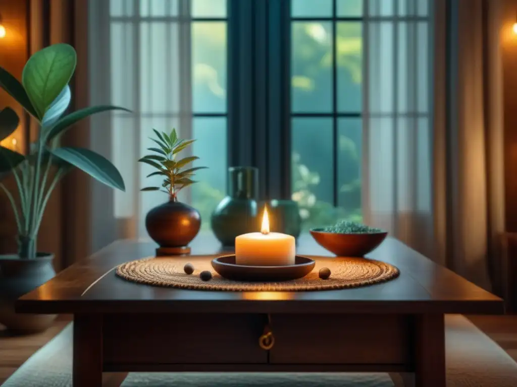 Santuario Reiki: Armonía y tranquilidad en casa Espacio sagrado para Reiki en casa con cristales, humo de salvia, plantas y vela en ambiente sereno y armonioso