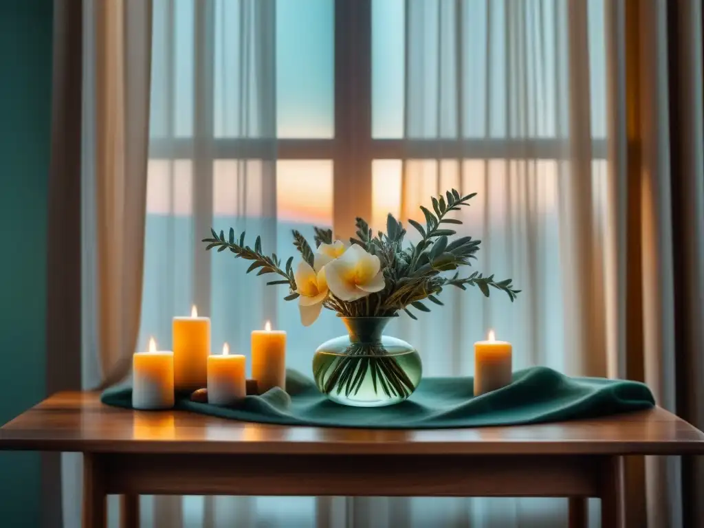 Altar sereno para Reiki: mesa de madera, cuarzos y velas Espacio sagrado para Reiki en casa: un altar sereno con cristales, velas, salvia y flores frescas, iluminado por luz natural