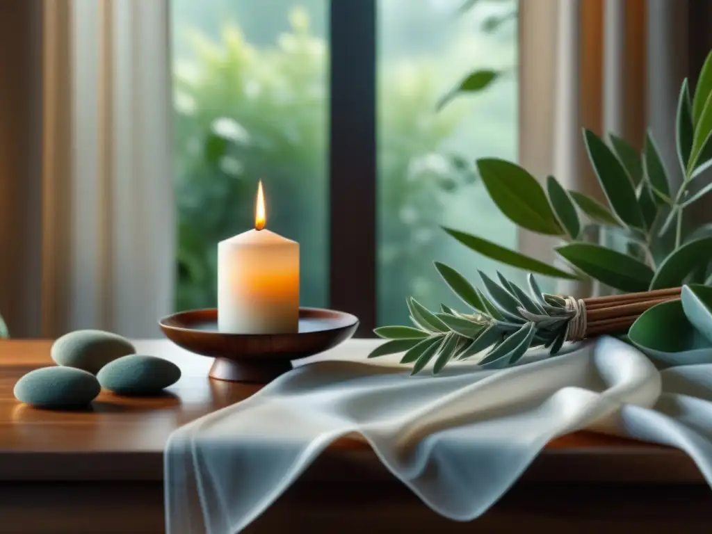 Altar de Reiki sereno con cristales y velas Espacio sagrado para Reiki en casa: un altar sereno con elementos naturales y luz cálida