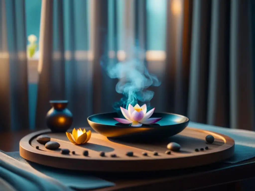 Altar de Reiki sereno con cristales y palo santo Espacio sagrado para Reiki en casa: Altar minimalista con cristales, palo santo, símbolos sagrados y flor de loto