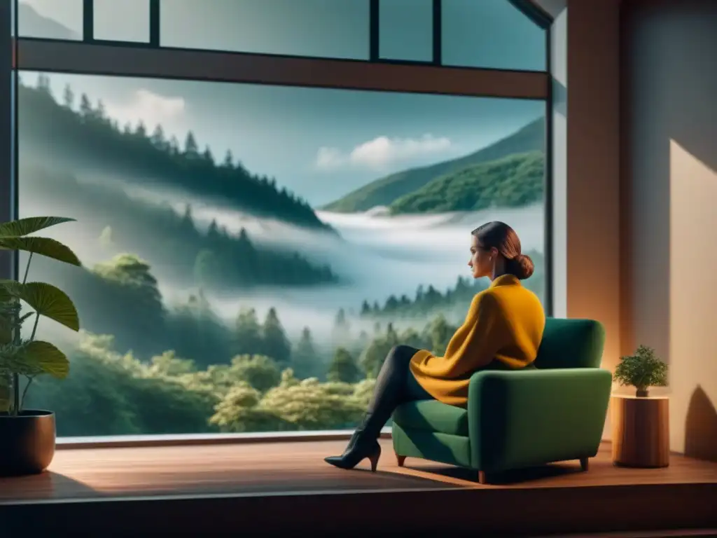 Espacio interior sereno con vista a un bosque: armonía y serenidad Transforma tu espacio en un santuario de paz con esta serena y minimalista habitación con vista al bosque