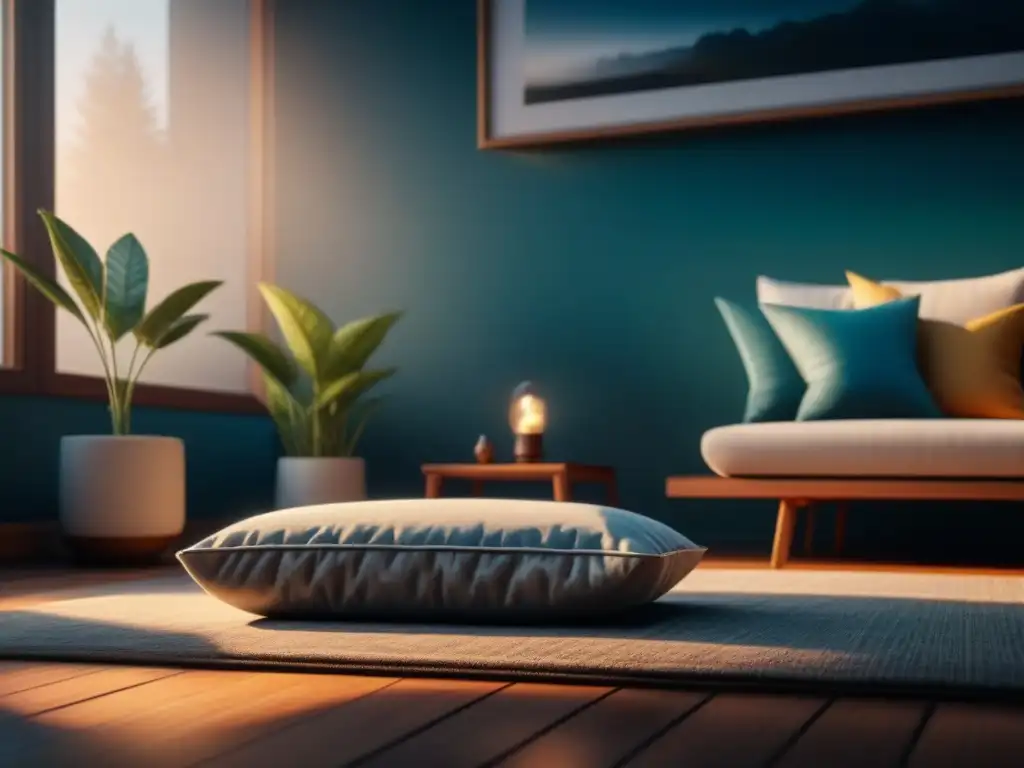 Nido de meditación en casa: calma y confort Un espacio sereno y acogedor para meditar en casa, con iluminación inteligente