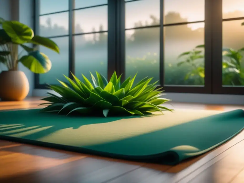 Espacio sereno para yoga en casa con tapete neutro de calidad Espacio sereno con alfombra de yoga para casa en el centro, decorado con plantas verdes