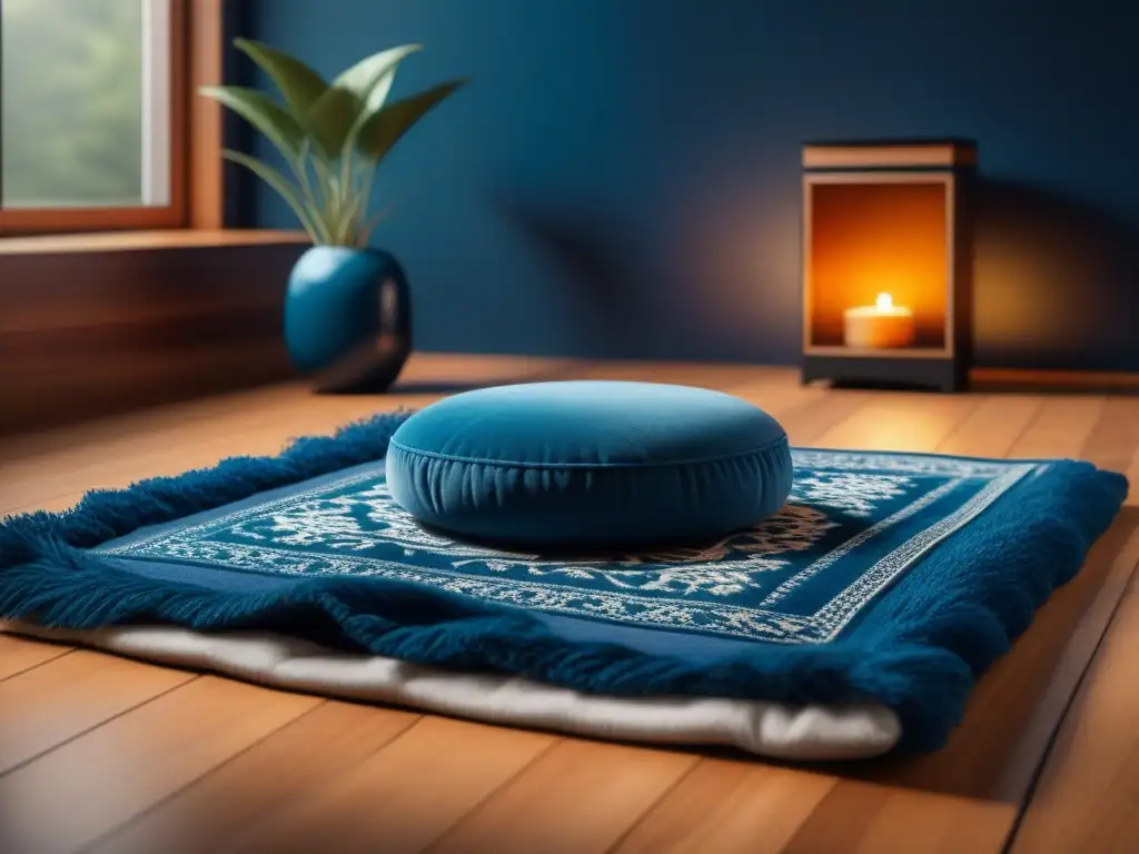 Espacio de meditación sereno con cojín azul profundo Un espacio de meditación sereno con cojines de meditación de alta calidad en tono azul intenso sobre una alfombra elegante y patrón hermoso