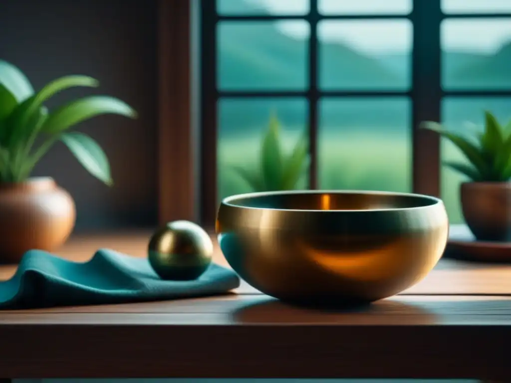 Espacio de meditación zen con cuenco tibetano en madera Espacio de meditación sereno con cuenco tibetano en mesa de madera, iluminado por luz natural