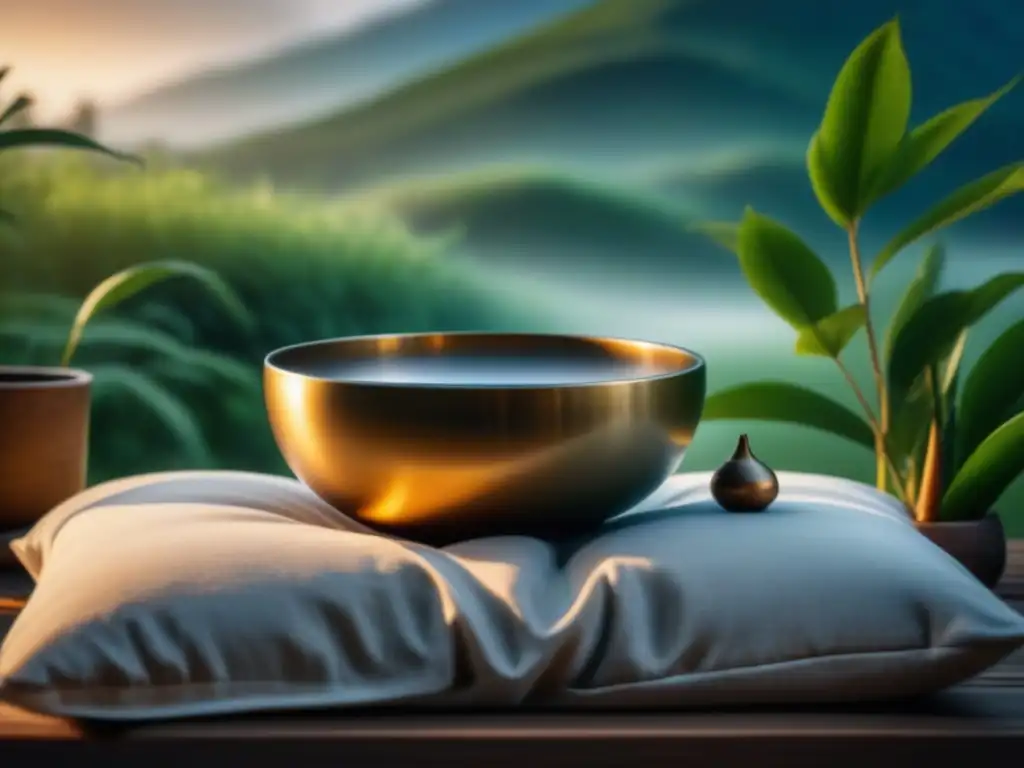 Espacio de meditación sereno con cuenco tibetano Espacio de meditación sereno con cuenco tibetano brillante y técnicas cuencos tibetanos relajación