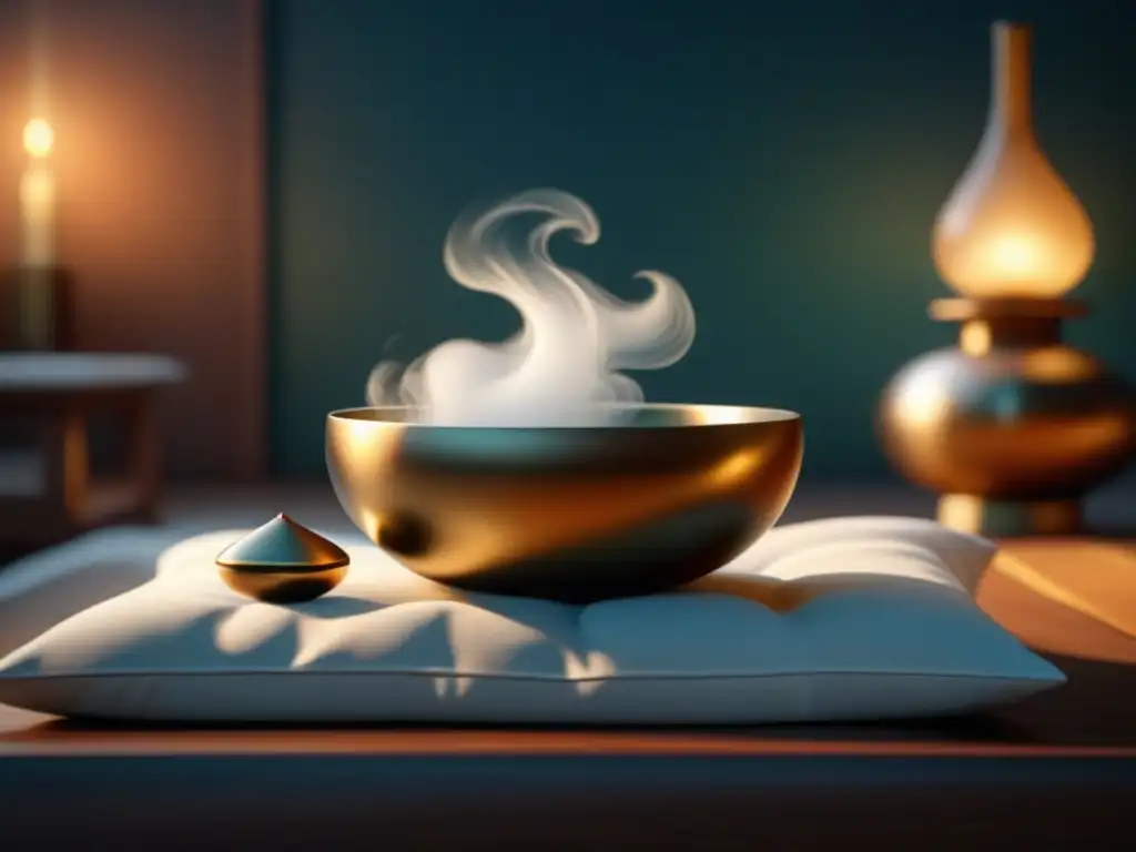 Armonía en vibración: Cuenco Tibetano en espacio de meditación Un espacio de meditación sereno con un cuenco tibetano en un cojín suave, emitiendo ondas de sonido que invitan a la paz