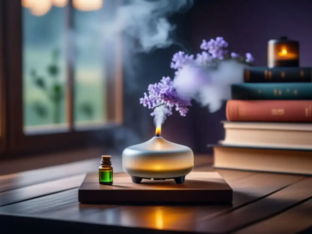 Ambiente tranquilo con difusor de aceites esenciales Un espacio sereno con difusor de aceites esenciales emitiendo aroma a lavanda