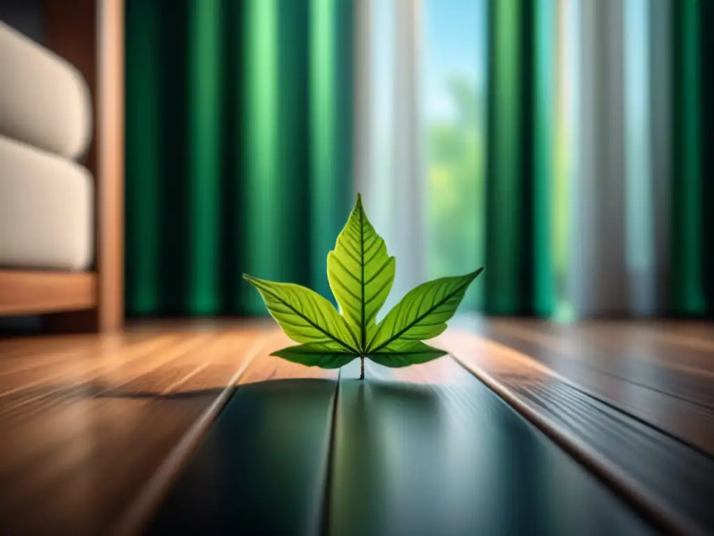 Espacio sereno y minimalista con hoja verde sobre piedra negra Espacio sereno con equilibrio y tranquilidad, beneficios Qi Gong investigación