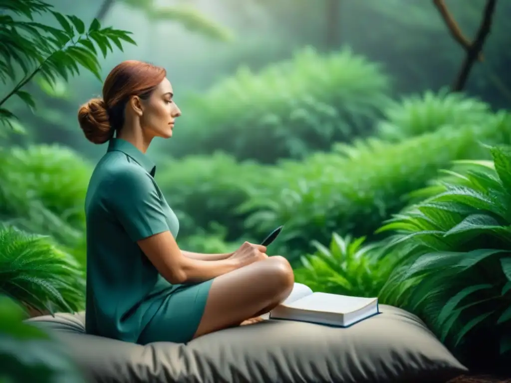 Escritura terapéutica en la naturaleza: paz y creatividad Un espacio sereno para escritura terapéutica, rodeado de plantas verdes y luz natural