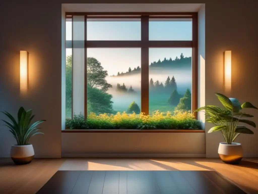 Serenidad en casa: meditación en un espacio iluminado Un espacio sereno iluminado con luz cálida, una ventana revela un jardín tranquilo
