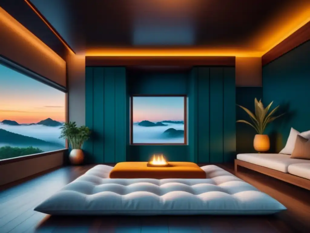 Espacio de meditación zen con iluminación inteligente y diseño minimalista Un espacio de meditación sereno con iluminación inteligente para meditación en casa
