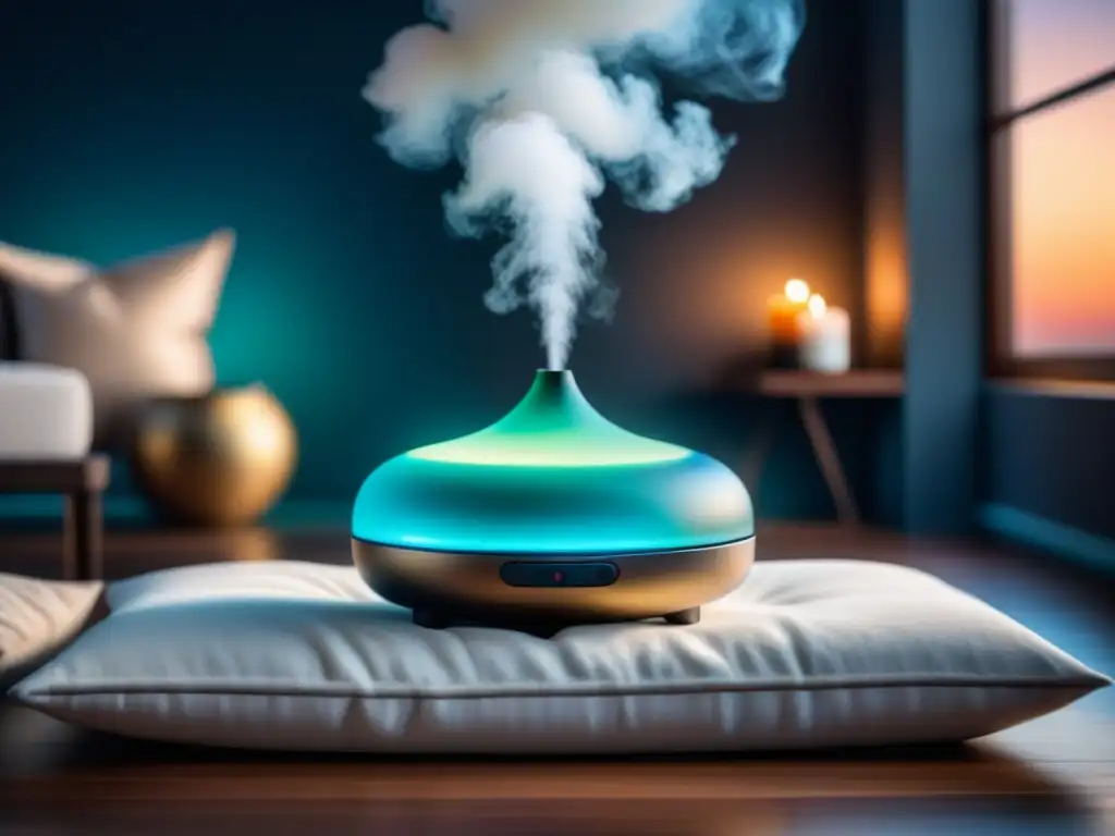 Espacio de meditación sereno con difusor de aceites esenciales en 8k Un espacio de meditación sereno con un kit de meditación y yoga en tonos neutros para relajación y mindfulness