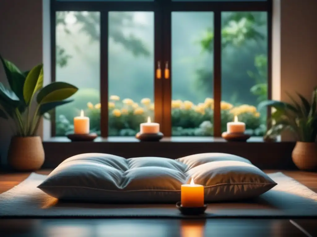 Espacio de meditación sereno con cojín y velas Un espacio sereno para meditación guiada en casa con cojín y velas en jardín tranquilo