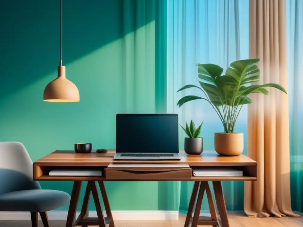 Espacio de trabajo minimalista y sereno con arte abstracto Un espacio sereno y minimalista en casa para trabajar, con un escritorio de madera, planta, laptop y arte abstracto, bañado en luz natural