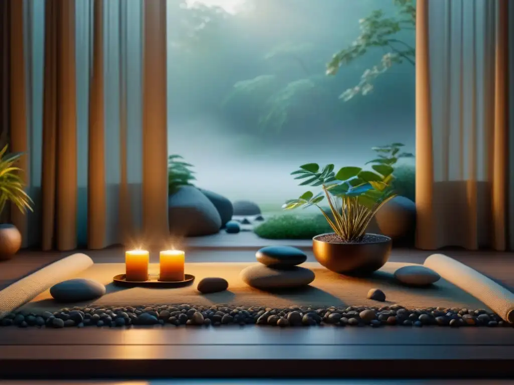Espacio de meditación sereno y minimalista Un espacio de meditación sereno y minimalista con luz suave y cálida filtrada por cortinas, creando sombras en un tapete en el piso