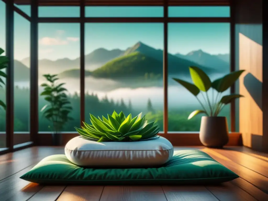 Espacio de meditación sereno y minimalista con luz natural en 8k Un espacio de meditación sereno y minimalista para principiantes en busca de calma interior con luz natural y una planta verde