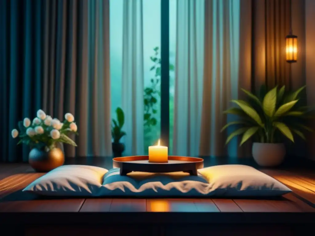 Espacio de meditación sereno y minimalista para relajación profunda Espacio de meditación sereno con iluminación natural, cojín de meditación y plantas exuberantes
