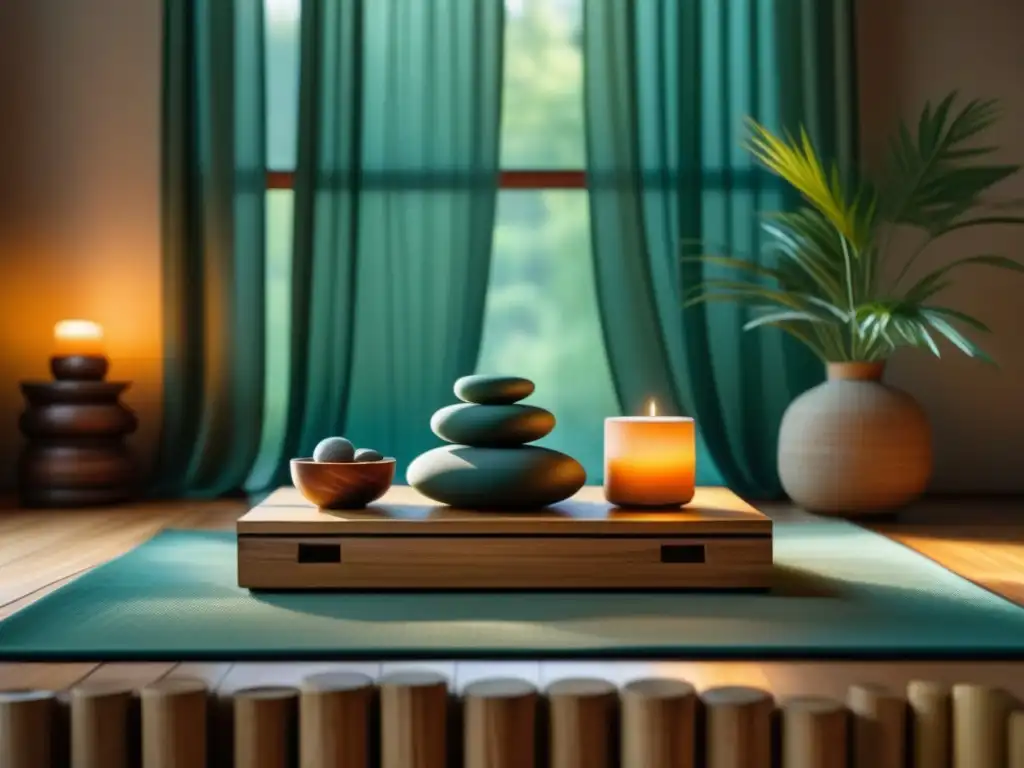 Espacio zen para meditar: serenidad y armonía Espacio sereno de meditación con kit de meditación y yoga en tonos terrosos y pastel, iluminado suavemente