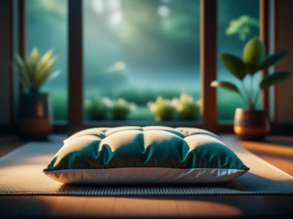Espacio de meditación minimalista y sereno con vista al jardín Espacio de meditación sereno con vista a un jardín tranquilo, perfecto para practicar mindfulness