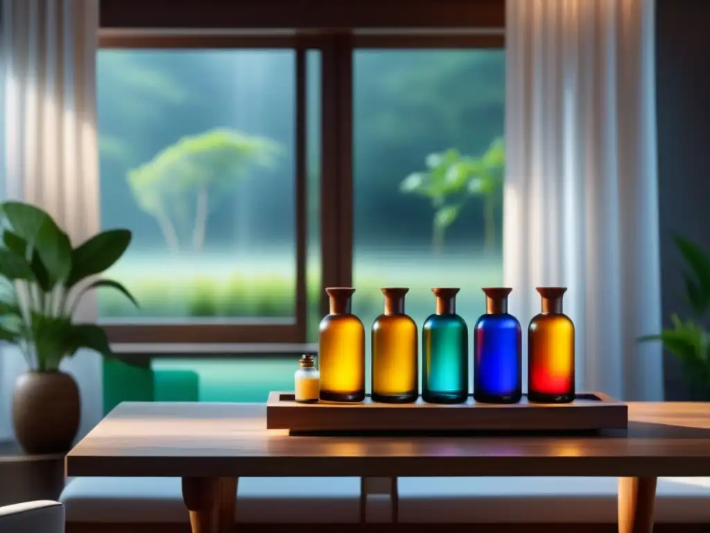 Espacio de spa sereno con diseño minimalista, ventana grande con cortinas blancas ondeando suavemente y botellas de aceites cromoterapéuticos