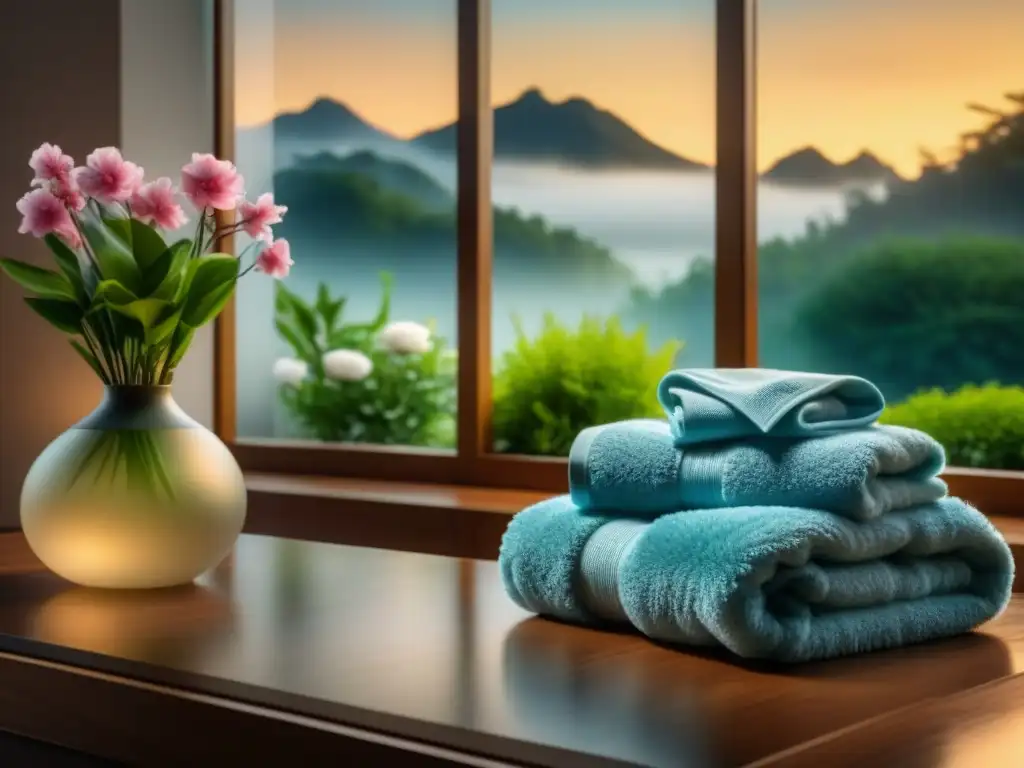 Espacio de spa relajante con vista al jardín Zen Espacio de spa tranquilo con silla de relajación, toallas suaves, flores frescas y vista a un jardín zen, beneficios del colágeno para relajación