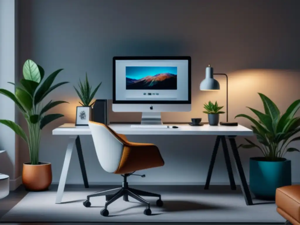 Oficina minimalista: diseño elegante y productivo en casa Espacio de teletrabajo minimalista con escritorio blanco, planta, lámpara y silla ergonómica, transmitiendo calma y productividad
