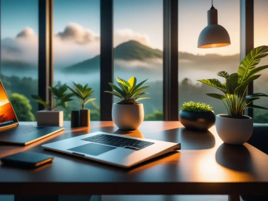 Oficina en casa minimalista con vista exterior serena Espacio de teletrabajo minimalista con escritorio blanco, laptop, lámpara y planta en maceta geométrica, iluminado por la luz natural