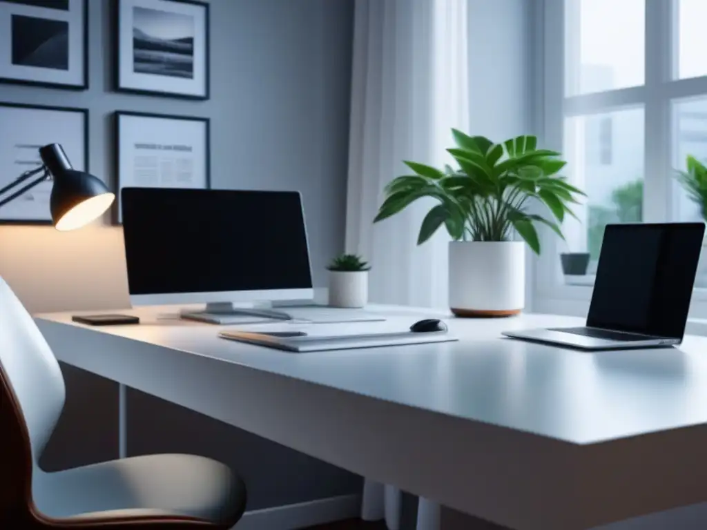Oficina en casa minimalista: escritorio blanco y elegante Espacio de teletrabajo minimalista: Escritorio blanco con decoración minimalista y luz natural