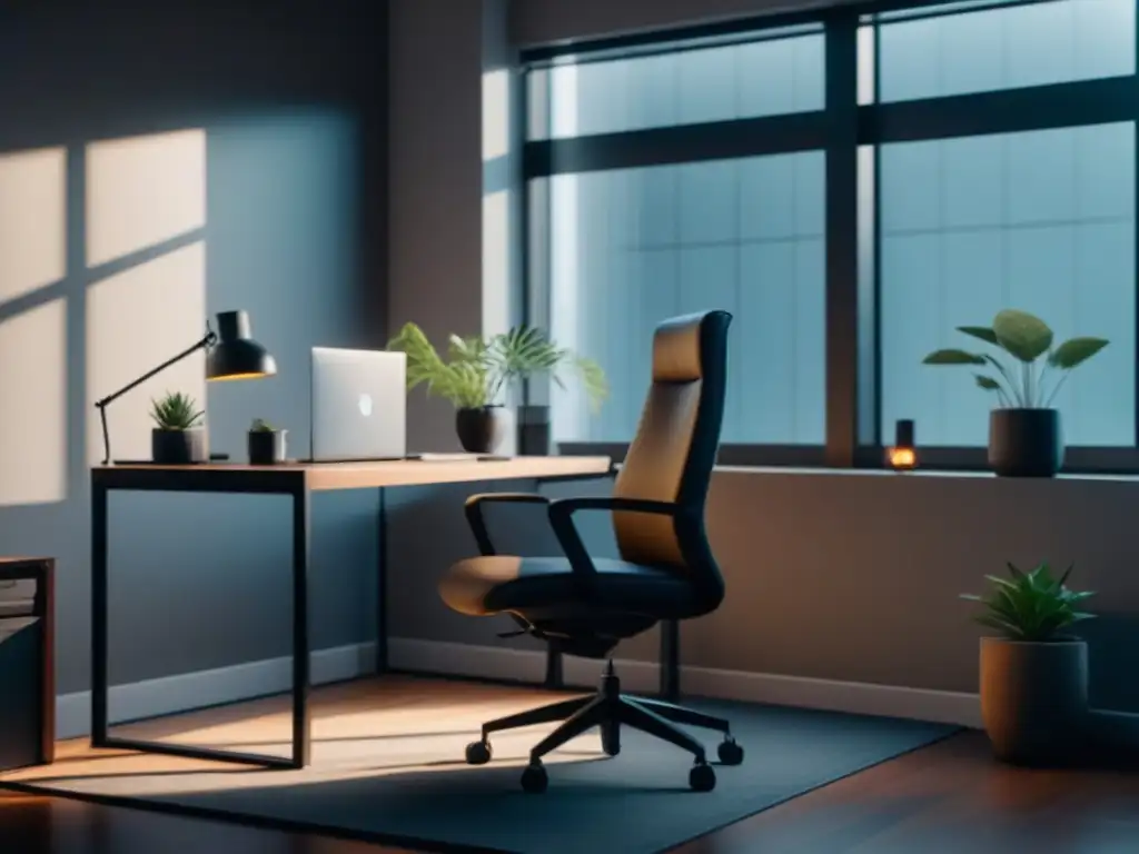 Oficina en casa minimalista y elegante con plantas Espacio de teletrabajo minimalista con escritorio elegante, silla ergonómica, lámpara minimalista y toque de verde en la planta