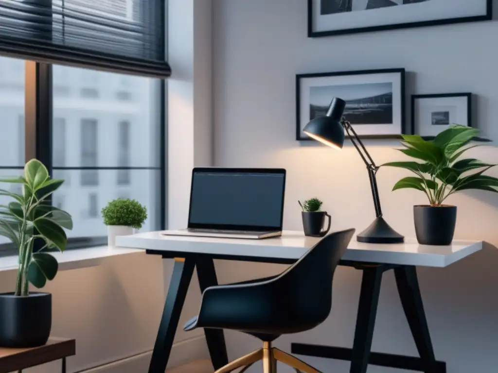 Oficina en casa minimalista: elegancia y simplicidad Espacio de teletrabajo minimalista con escritorio blanco, silla ergonómica negra, planta y portátil plateado