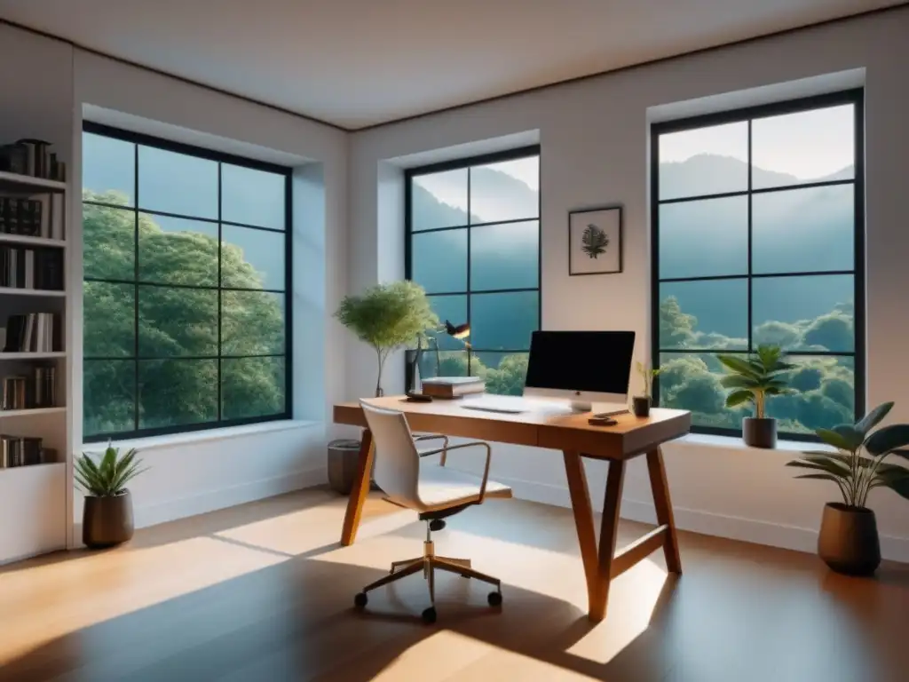 Oficina en casa minimalista con vista a jardín Espacio de teletrabajo minimalista con vista al jardín y decoración elegante