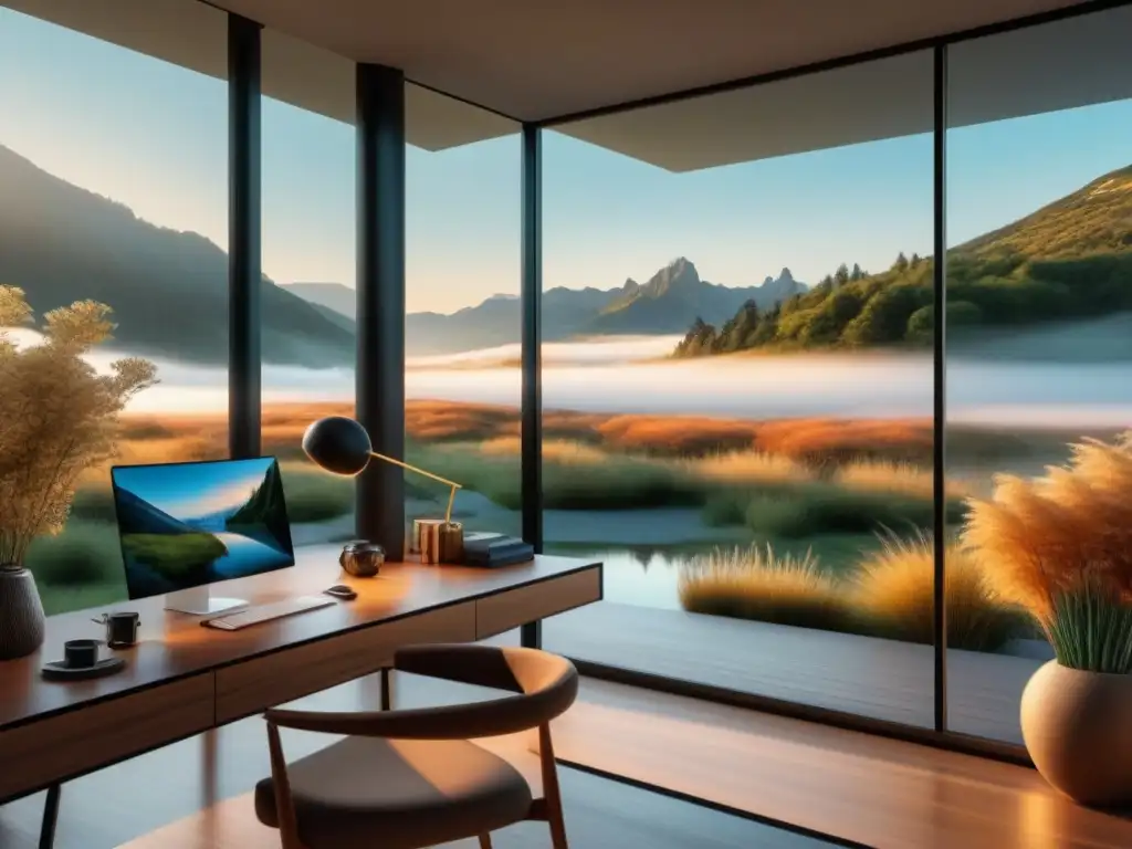 Oficina en casa minimalista con espejos estratégicos Ilusión óptica en espacio de teletrabajo con paisaje sereno reflejado en espejos estratégicamente ubicados