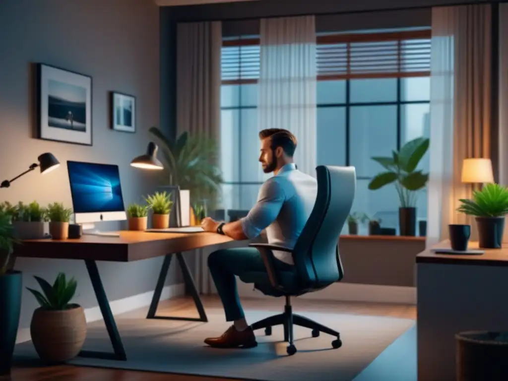 Un espacio de trabajo en casa sereno y minimalista, perfecto para practicar técnicas de respiración para relajarse