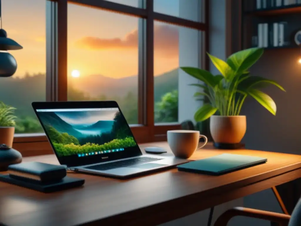 Un espacio de trabajo en casa sereno con vista al jardín, ideal para practicar técnicas de respiración para relajarse