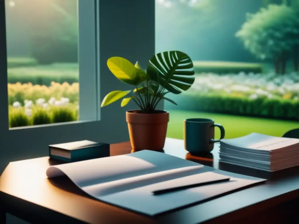 Oficina en casa minimalista con vistas al jardín Espacio de trabajo en casa sereno con un elegante escritorio blanco minimalista frente a una ventana grande con vista a un jardín tranquilo