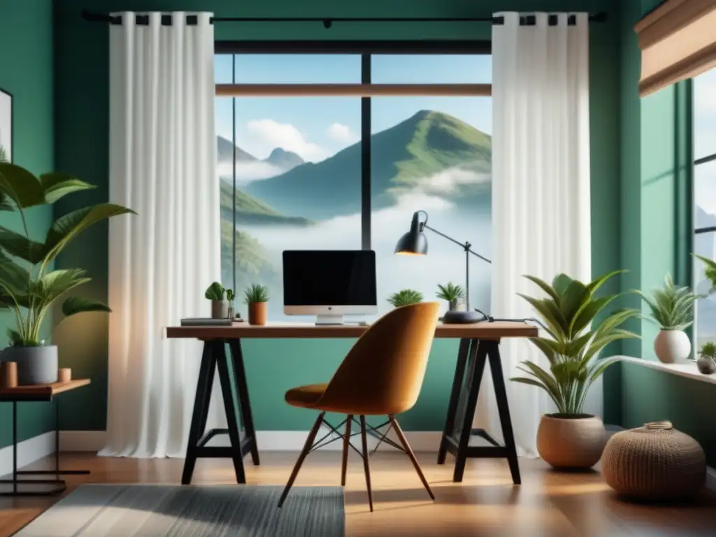 Oficina en casa minimalista y acogedora Un espacio de trabajo en casa sereno y acogedor con un escritorio moderno, silla ergonómica, plantas y luz natural