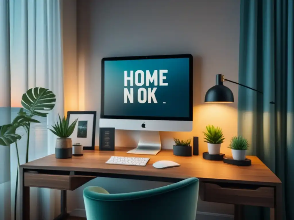 Oficina en casa serena y minimalista con motivación Un espacio de trabajo en casa sereno y minimalista, con organización, plantas y una cita inspiradora en la pared