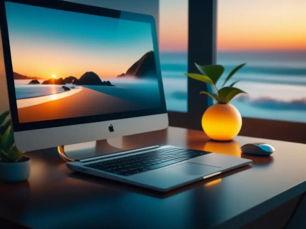 Espacio digital sereno y minimalista para concentrarte Espacio de trabajo digital minimalista para ambiente relajante con laptop, planta y lámpara geométrica