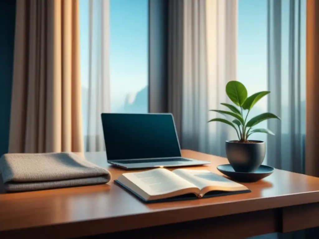 Oficina minimalista para la meditación Espacio de trabajo minimalista para ejercicios mindfulness reducir estrés laboral