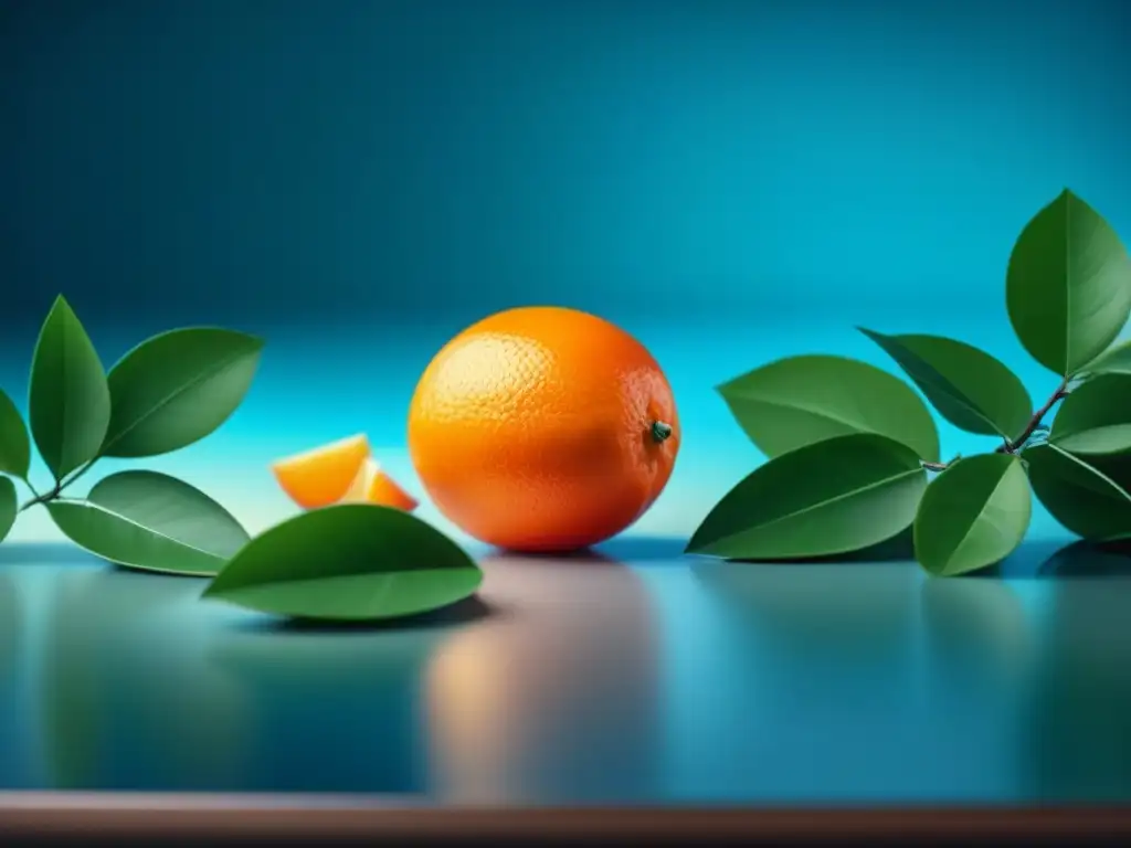 Workspace minimalista con fruta cítrica vibrante Espacio de trabajo minimalista con una fruta cítrica naranja para reducir estrés