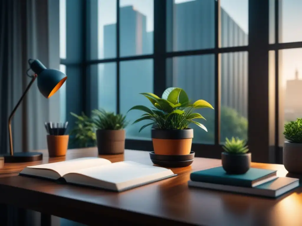 Oficina en casa minimalista y elegante para trabajar con tranquilidad Un espacio de trabajo minimalista y organizado con moderna computadora, lámpara elegante y plantas